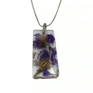 Dried Flowers Forget-Me-Not Resin Dog Tags Statement Neckace Silver Plated chain